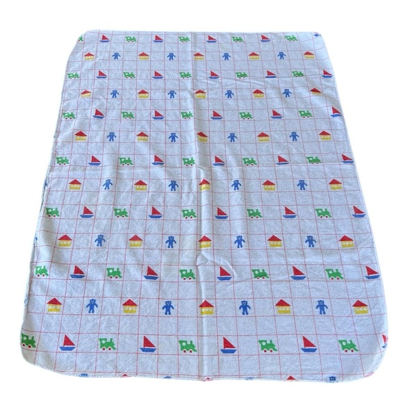 VTG Primary Color Grid Pattern Flannel Receiving Blanket Sailboat Bears Trains - Picture 2 of 7